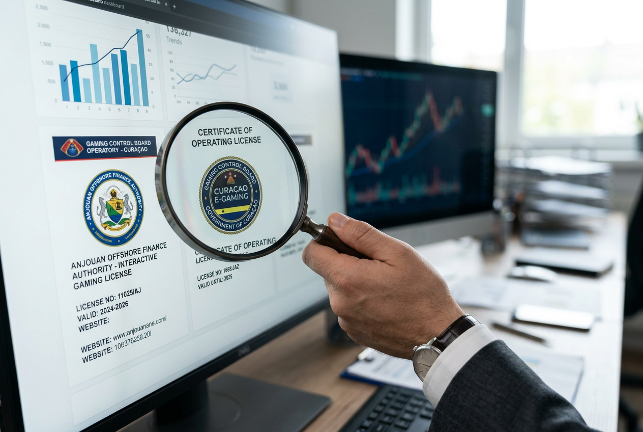 Expert analyzující licenci zahraničního online kasina lupou na monitoru