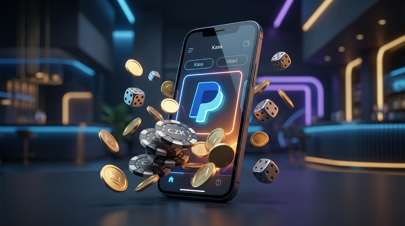 Ilustrace digitální peněženky PayPal a symbolů online kasina v moderním 3D stylu