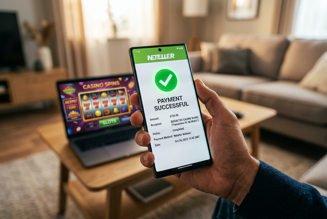Moderní rozhraní Neteller na chytrém telefonu potvrzující transakci do kasina